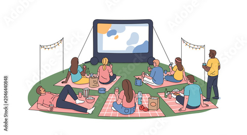 Happy individuals gather in a circular formation to watch films on an inflatable screen adorned with glowing string lights on a peaceful grassy lawn setting.