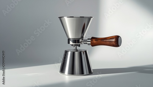 Modern stainless steel espresso portafilter with wooden handle on a minimalist gray studio background