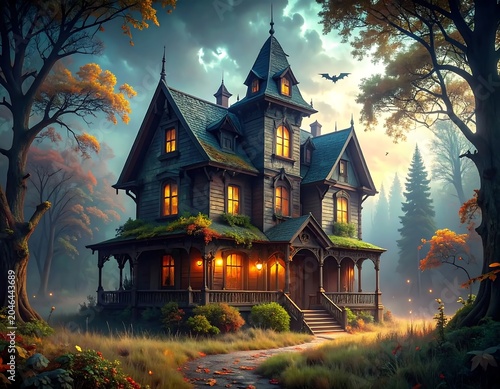 Misty evening at a cozy Victorian style house with warm lights.