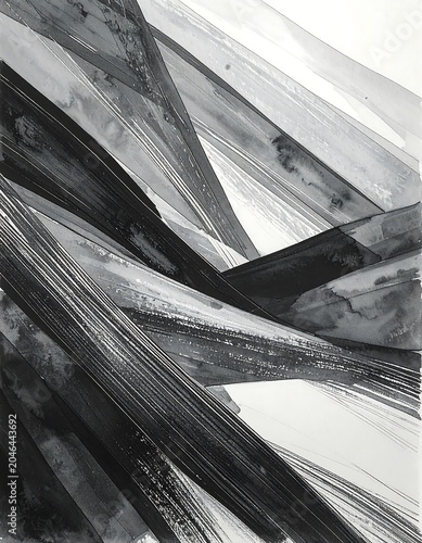 A grayscale abstract artwork featuring layered, curved shapes