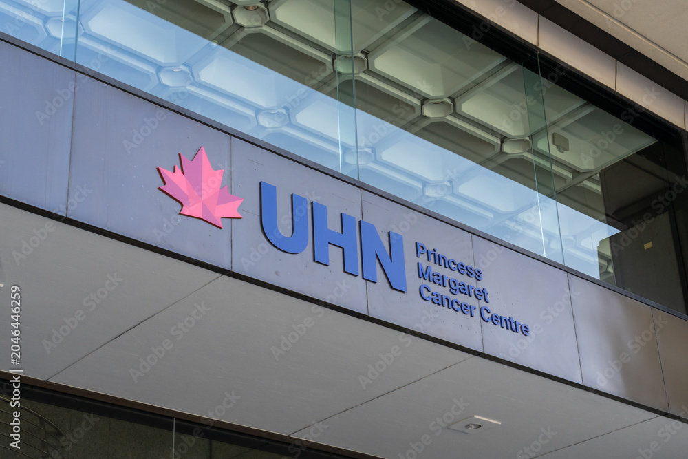 Naklejka premium Toronto, Ontario, Canada - June 2, 2026: The signage on the building of the Princess Margaret Cancer Centre, part of the University Health Network (UHN) on University Avenue in Toronto, Ontario, Canad
