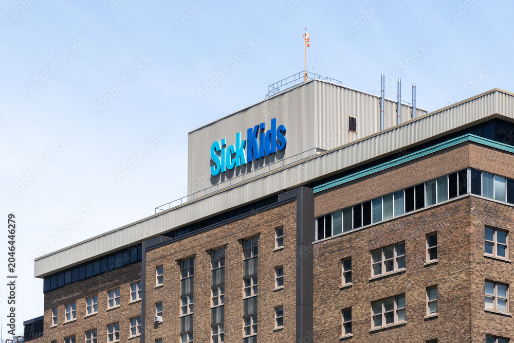 Naklejka premium Toronto, Ontario, Canada - June 2, 2026: SickKids sign on the building of the Hospital for Sick Children (SickKids) in Toronto, Ontario, Canada. 