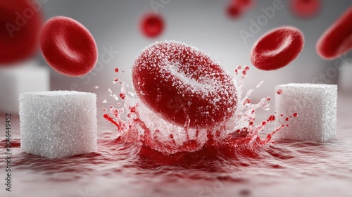 Red blood cells splashing in sugary liquid with sugar cubes representing high glucose levels