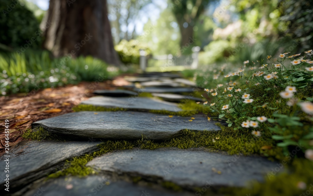 Fototapeta premium Closeup of an Overgrown Stone Pathway in a Lush Garden Setting