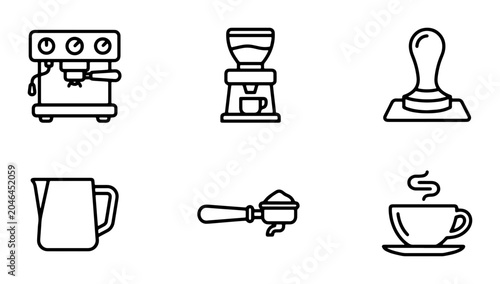 Fotografie Espresso Machine Icons, Coffee Grinder, Tamper, Milk Jug, Portafilter, Cup Set