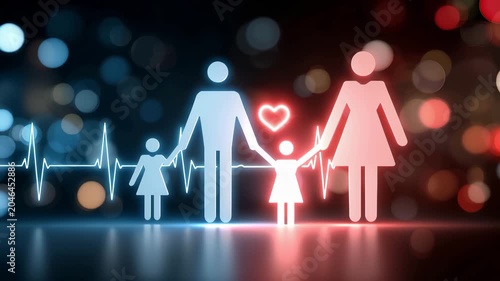 Family holding hands with heart and heartbeat line in colorful setting at night