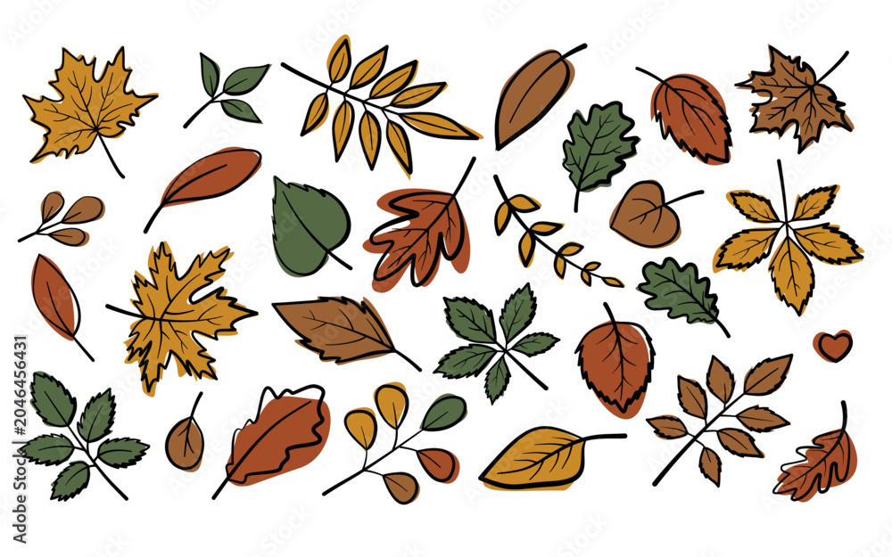 Fototapeta premium Cozy autumn foliage pack isolated on white. Hand drawn colored leaves of oak, maple and birch. Minimalist flat 2D vector elements.