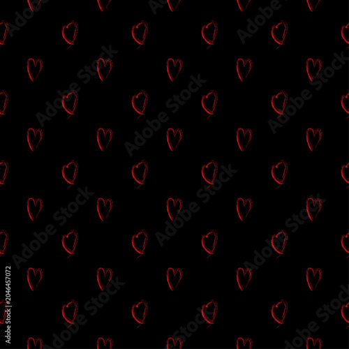 Red heart seamless pattern on black background. Hand-drawn brush sketch hearts vector.