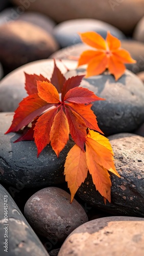 Autumn leaves scattered on cobblestone path.