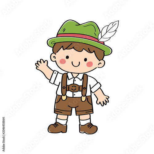 Cute Bavarian boy wearing traditional lederhosen and Tyrolean hat in doodle style for Oktoberfest and German festival designs