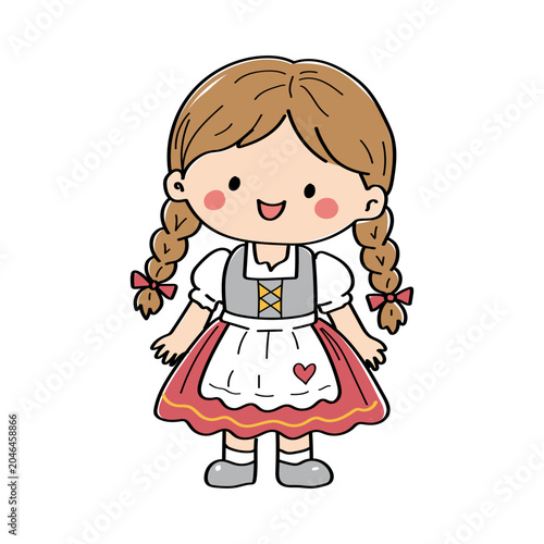 Cute Bavarian girl wearing a traditional dirndl dress in doodle style for Oktoberfest, German culture and folk festival designs