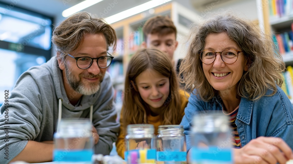 Obraz premium Educator guiding students in plastic reduction activity at library table