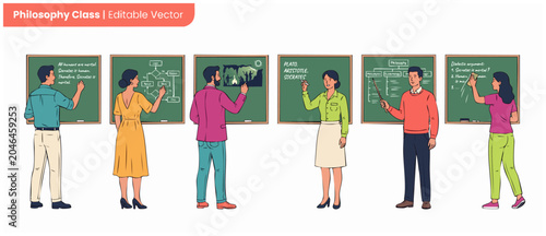 Photos Philosophy class vector cartoon illustration with diverse teachers presenting lessons on chalkboards representing educational logic, ethics, metaphysics, and classical Greek philosophical theories