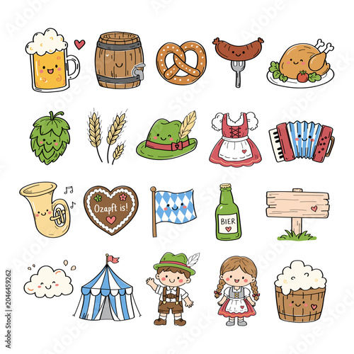 Cute Oktoberfest doodle collection featuring beer, pretzel, sausage, Bavarian clothing, festival tent and traditional German symbols