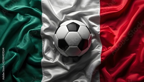 Classic soccer ball on draped Italian flag fabric background with dramatic lighting