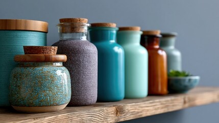 Refillable blank bottles on wooden bathroom shelf in spa - inspired setting