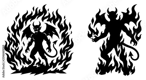 Tableau sur toile Demon silhouettes standing in hellfire with wings and horns in fantasy style