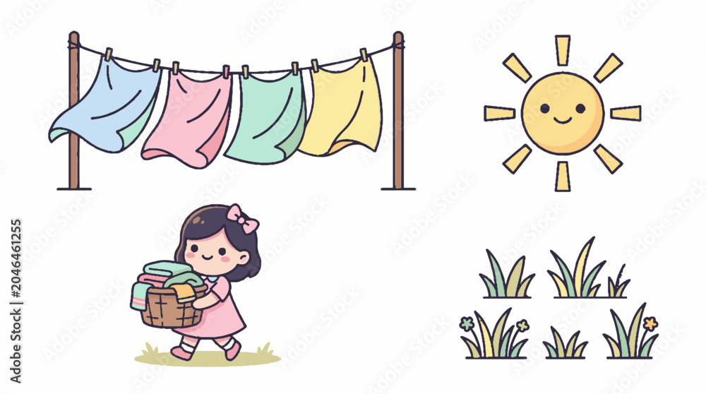 Fototapeta premium Cute cartoon girl doing laundry on a sunny day vector illustration set.