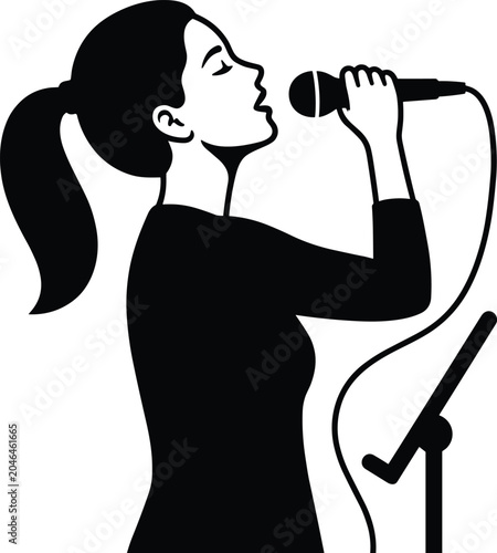Foto Woman singing into microphone, silhouette of female vocalist with ponytail black