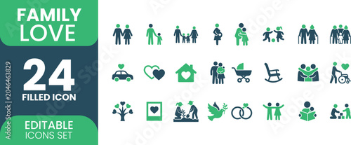 Photos Family and love icon set 24 filled icons of parents, children, pregnancy, heart,