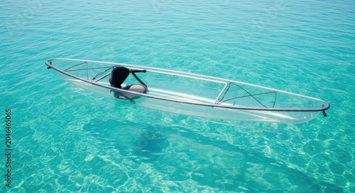Single transparent kayak floating on clear turquoise water for travel background and peaceful adventure banner