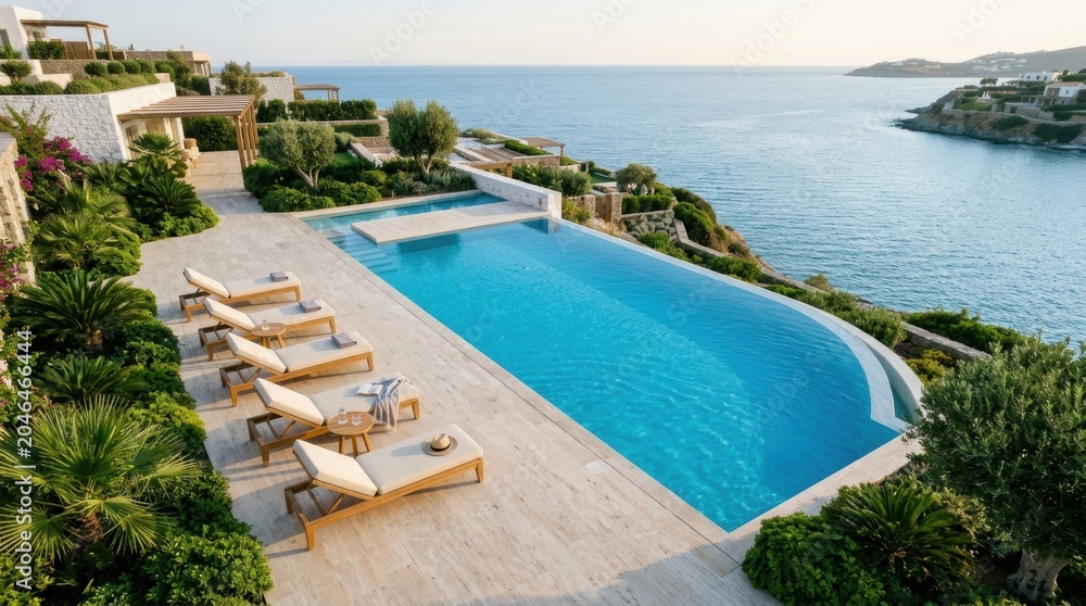 Fototapeta premium Coastal curved infinity pool with wooden loungers and panoramic sea view for luxury resort background and villa marketing