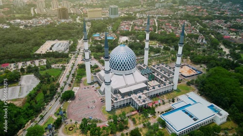 Aerial view of Sultan Salahuddin Abdul Aziz Shah Mosque, also known as the Blue Mosque, in Shah Alam, Selangor, Malaysia.