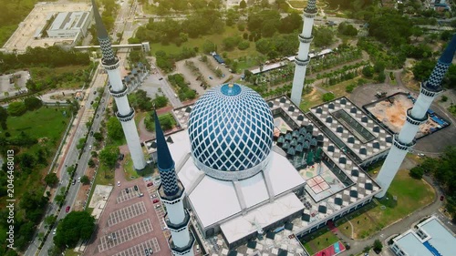 Aerial view of Sultan Salahuddin Abdul Aziz Shah Mosque, also known as the Blue Mosque, in Shah Alam, Selangor, Malaysia.