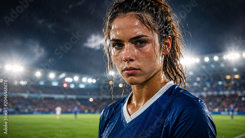 Confident female soccer player portrait in illuminated stadium