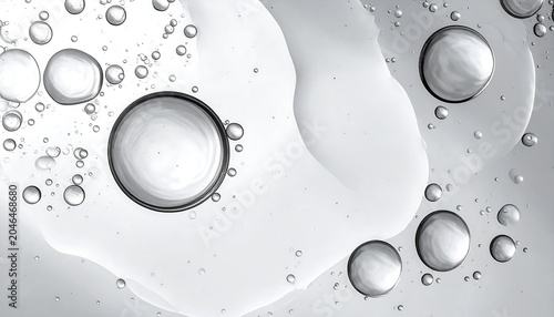 A grayscale close-up of various sized oil droplets on water surface