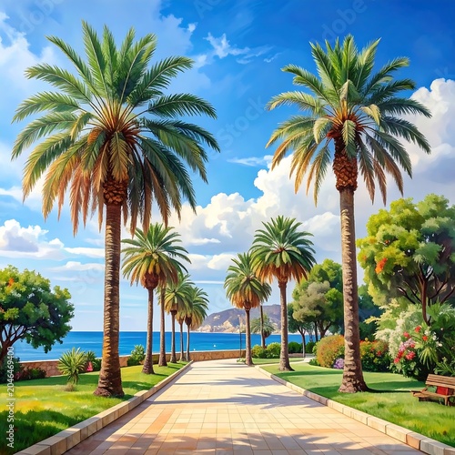 Tropical palm lined road leading to beach resort.