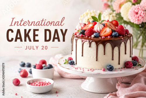 Celebrating International Cake Day. Close-up of cake with summer berries and typography sign.