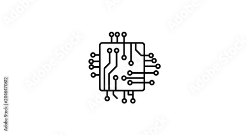 A black and white line art illustration of a circuit board.