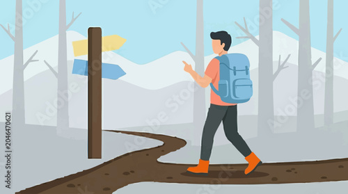 Foto Hiker at a signpost pointing the way, deciding on a path in winter