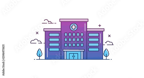 A purple hospital building with blue windows.