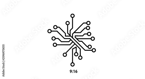 A black and white line art illustration of a circuit board design.