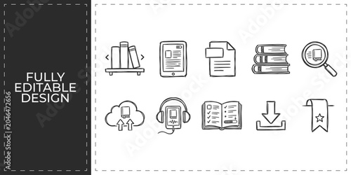 Bild auf Leinwand Education library and digital archive icons featuring bookshelf document folder