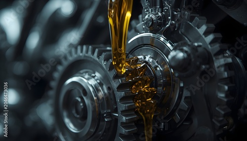 Golden Lubricant Oil Being Poured onto Metal Gears in a Machine Engine