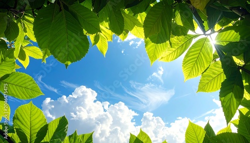 A bright blue sky with fluffy white clouds framed by lush green leaves