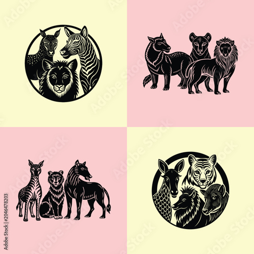 Photography Wild Animals Linocut Illustration Set, Retro Wildlife Vector Graphics, Safari Animals Icons with Pastel Background