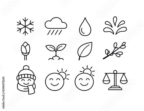 Seasonal Transition Icons. Line style icons of winter to spring shift: snow, rain, drop, splash; bud, sprout, leaf, branch; cold,