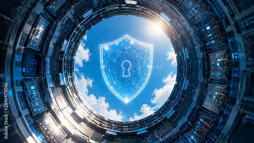 Secure Data Vault Interior with Cybersecurity Shield and Cloud Protection Concept