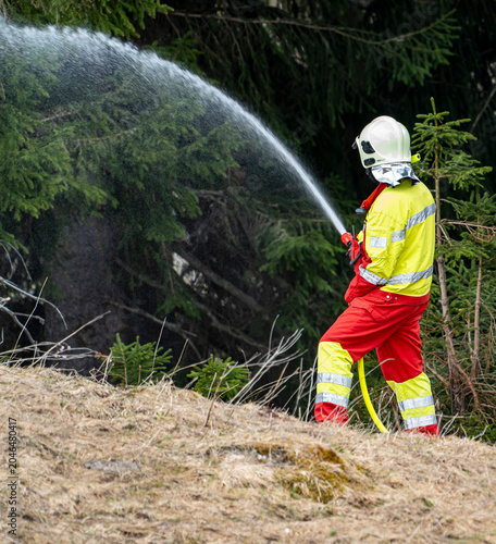 Foto Firefighter Suppressing Wildfire at Forest Edge in Switzerland, Firefighter in protective gear using a water hose to suppress a wildfire or vegetation fire at the edge of a forest in Switzerland