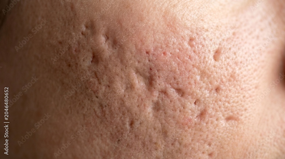 Fototapeta premium Close up of woman cheek with deep acne scars and skin texture