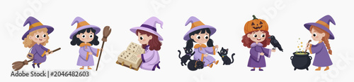 Cute Little Witch Girls Halloween Cartoon Character Set with Broom, Spell Book, Black Cats and Cauldron.