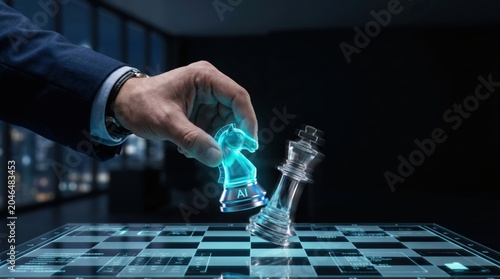 Businessman using AI for business planning, moving glowing chess knight to defeat competition, futuristic corporate concept