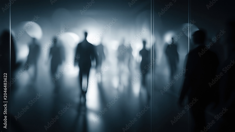 Fototapeta premium Silhouettes of people walking through dark blurred crowd in foggy