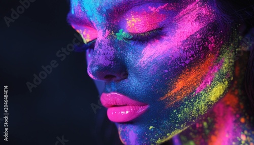 Neon UV Beauty Portrait with Fluorescent Face Paint and Artistic Glow