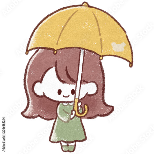 黄色い傘を持って立っている、笑顔の女の子の全身イラスト