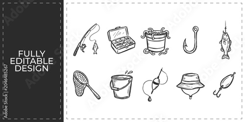 Canvas-taulu Fishing gear and aquatic hobby icons featuring fishing rod net bucket hook and l